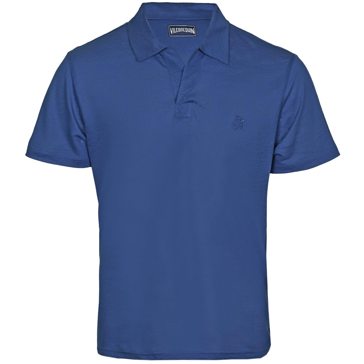 Men Linen Jersey Polo Shirt Solid Navy Blue - Polo Shirt