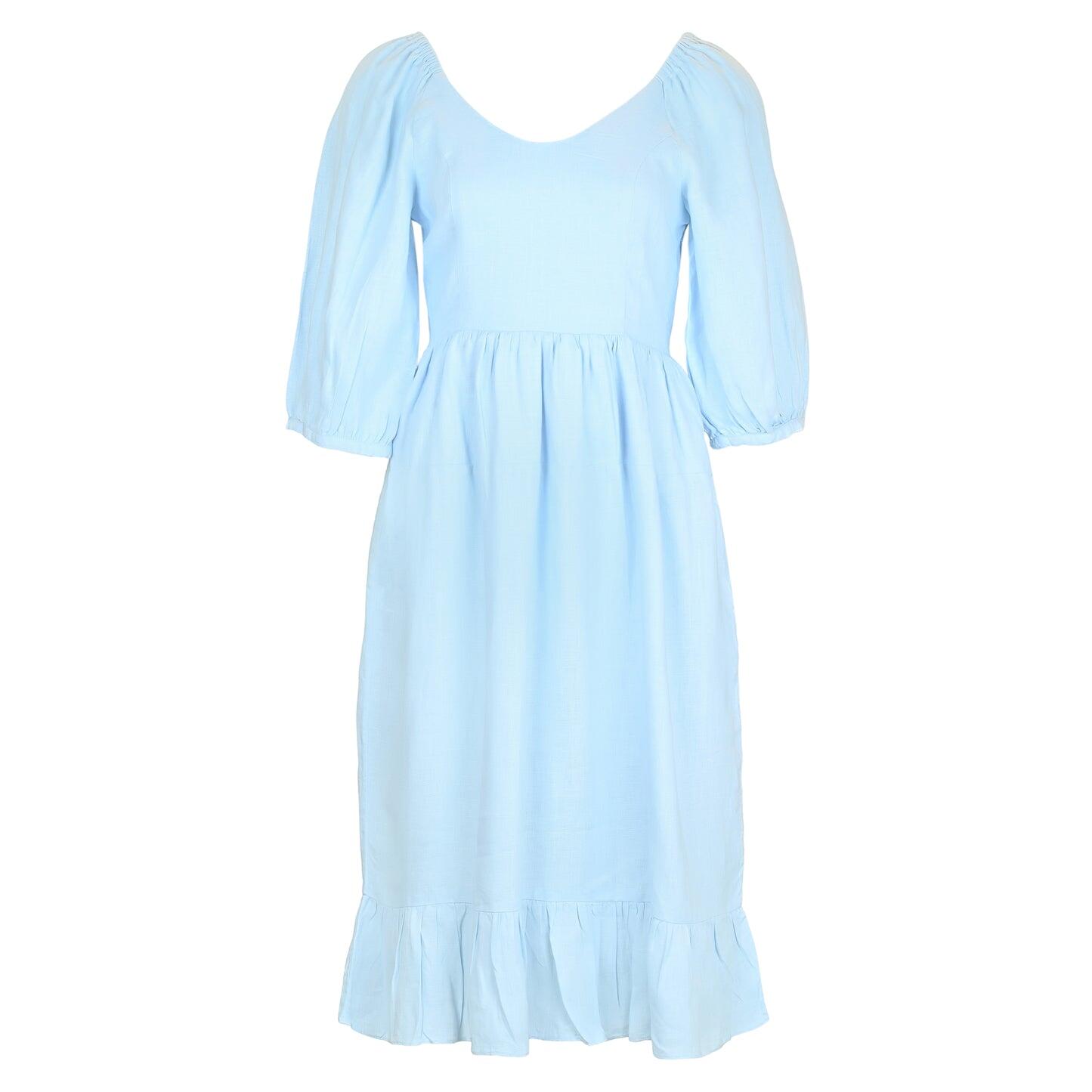 Baby Blue Linen Dress With Frill - Dress