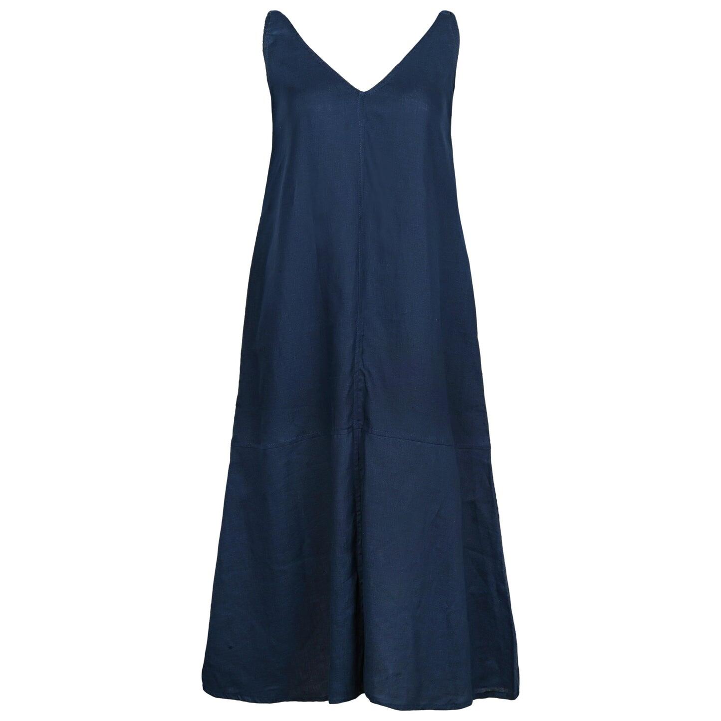 Navy Blue V-Collar Linen Dress - Dress