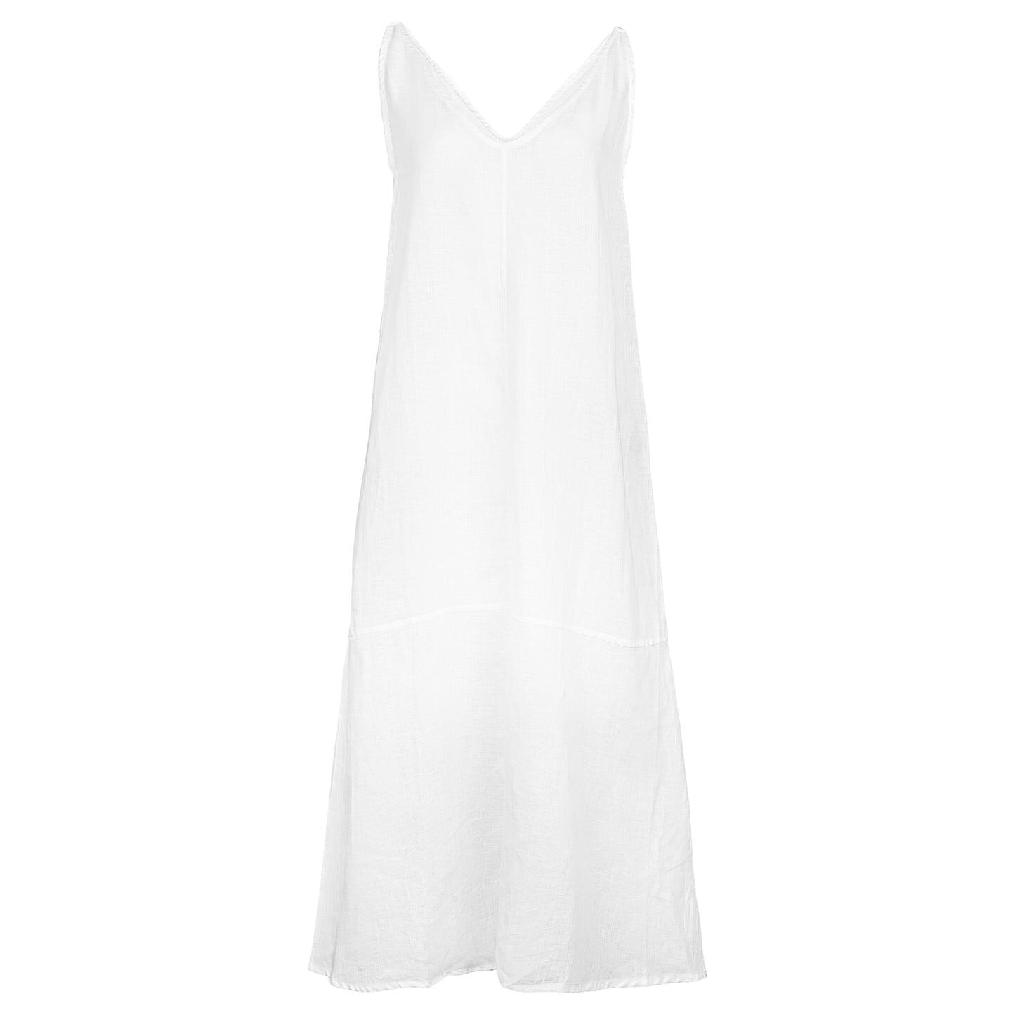 White V-Collar Linen Dress - Dress
