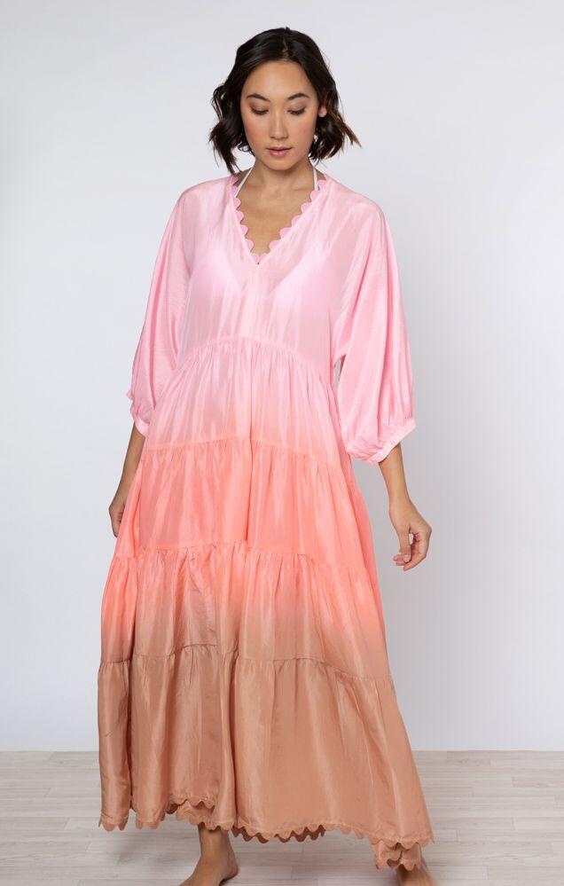 Ombre Dyed V-Neck Loose Maxi Dress With Ric Rac Trim Coral - Dress