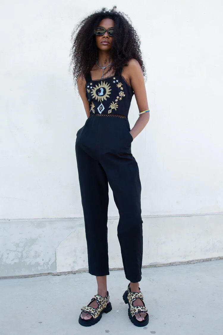 Black Leopard Embroidered Jumpsuit - Jumpsuit