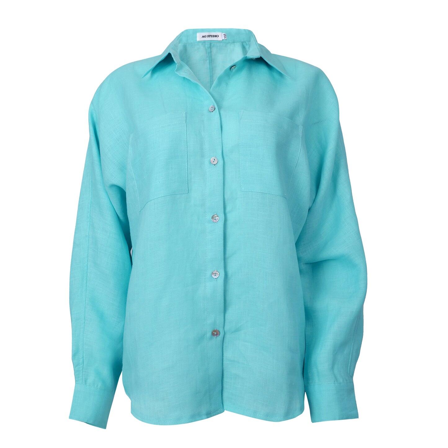 Neon Blue Linen Shirt - Top