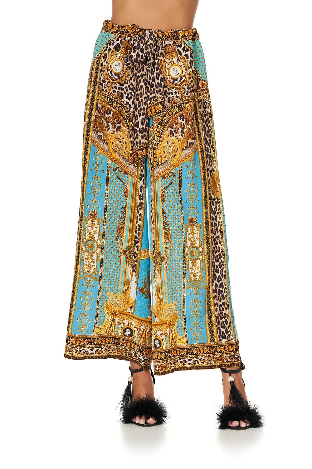 Leopard Print Wide Leg Trousers in Blue/Gold