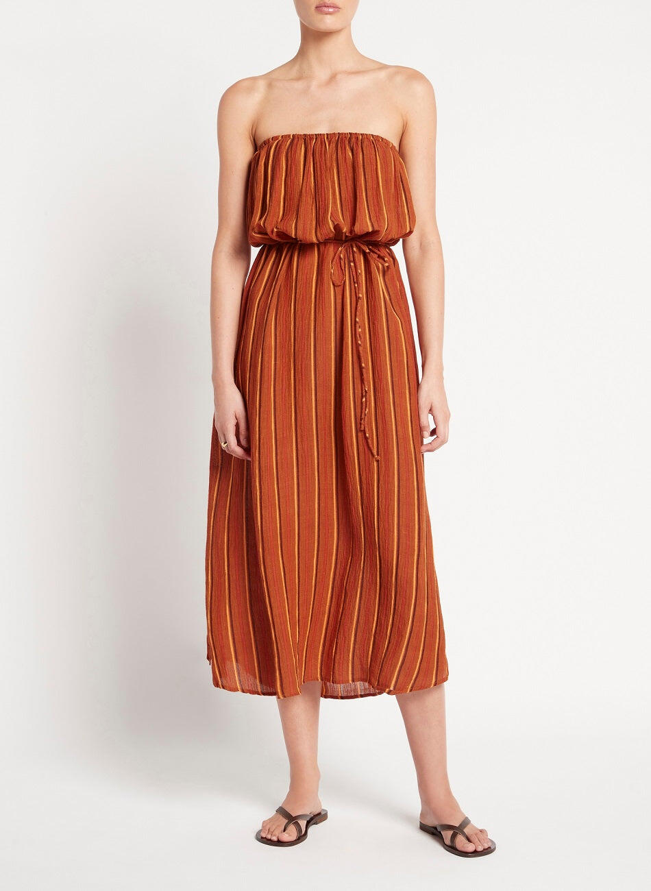 Strapless Midi Dress in Orange/Brown Stripes