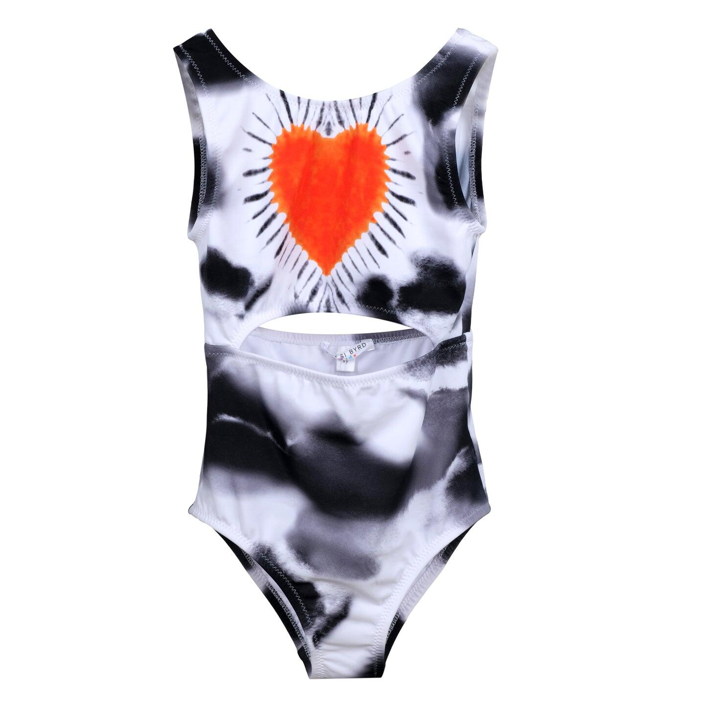 Girls One Piece Bathing Suit with Heart Print