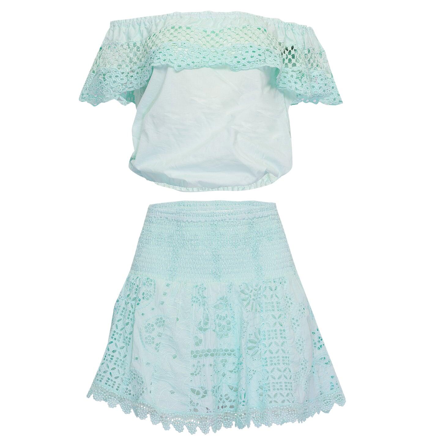 Off shoulder top and skirt set in aqua