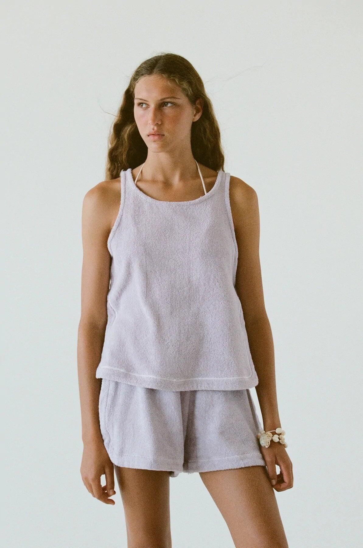 Lavender Sleeveless Top in Terry Towelling