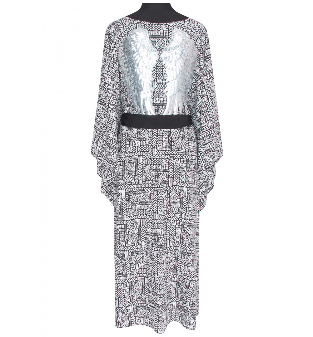 Tribal Black Mayan Long Kimono Silver Wings - Kimono