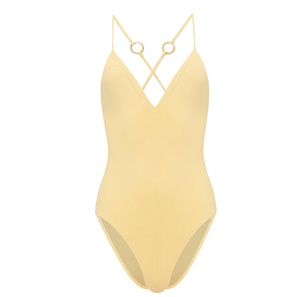 Plunging V Neck Swimsuit in Soft Yellow