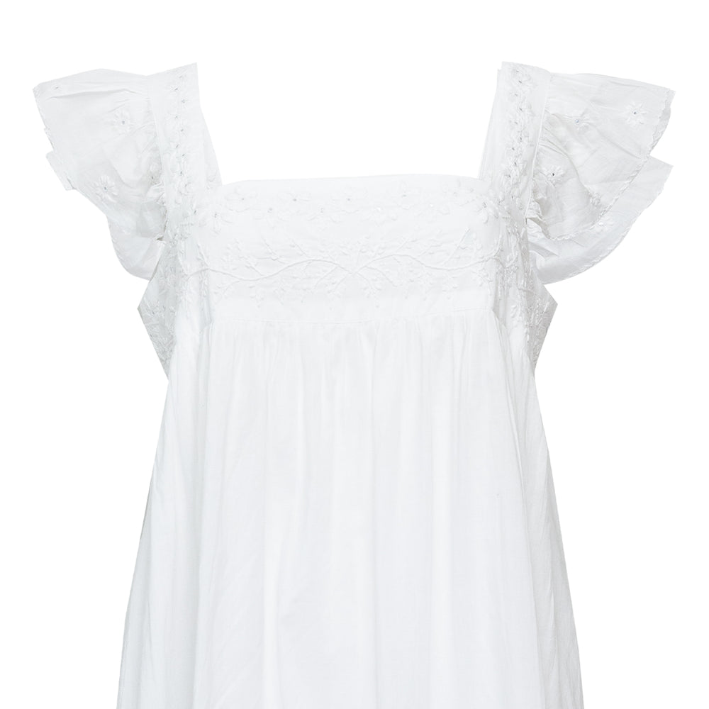 Acid Wash Baby Doll Dress With Tonal Lotus Embroidery White