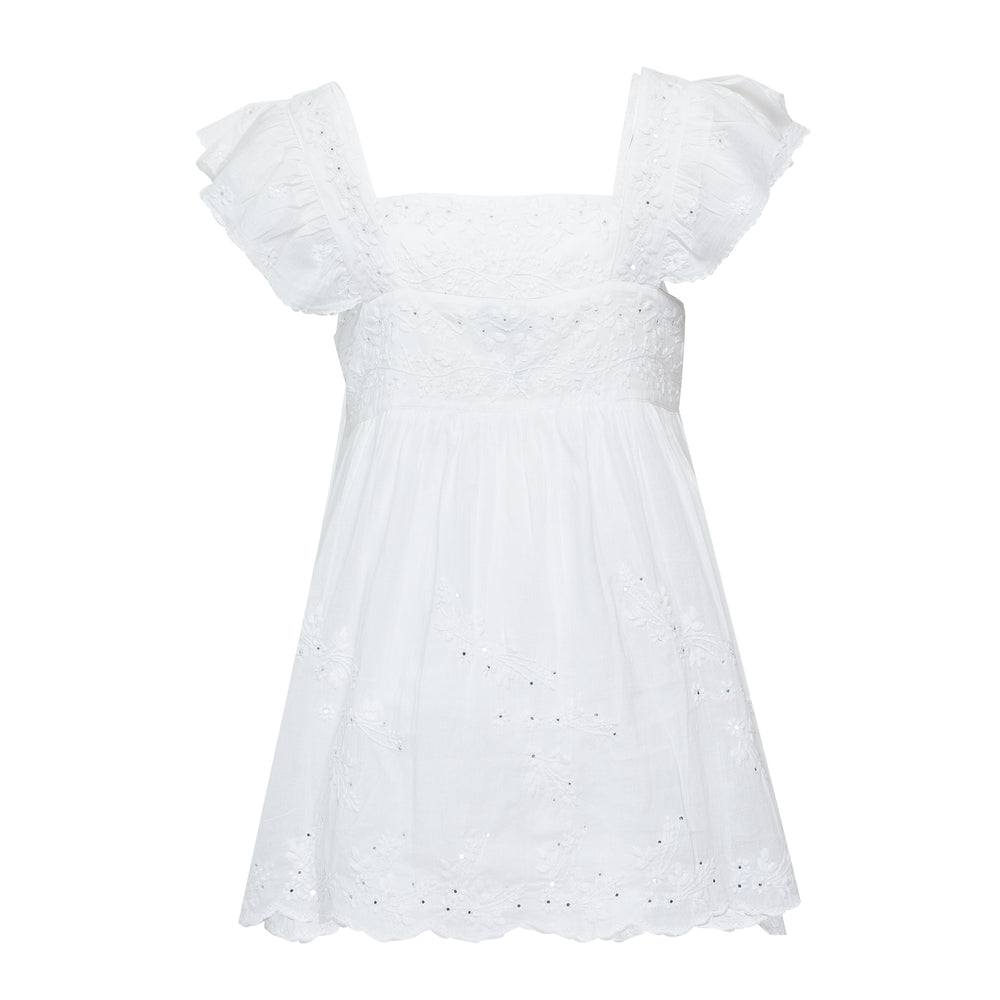 Acid Wash Baby Doll Top With Tonal Lotus Embroidery White