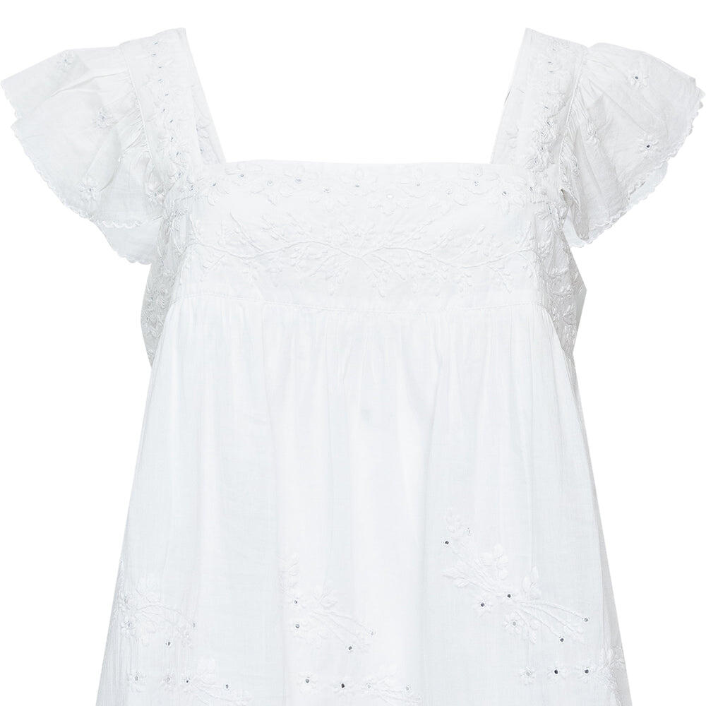 Acid Wash Baby Doll Top With Tonal Lotus Embroidery White
