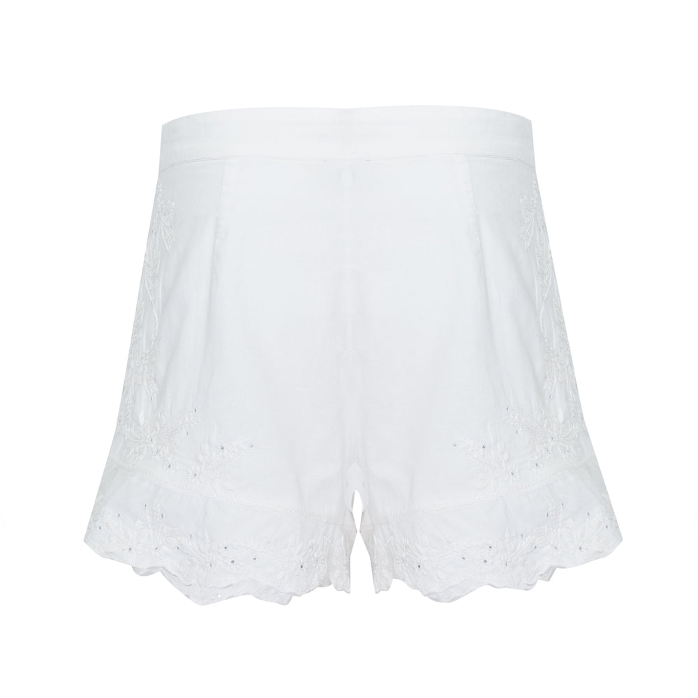 Acid Wash High Waisted Shorts With Tonal Embroidery White