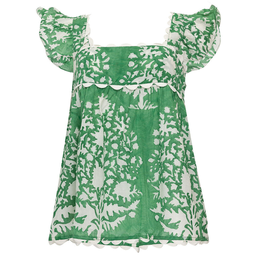 Baby Doll Top In Palladio Block Print Lined Green