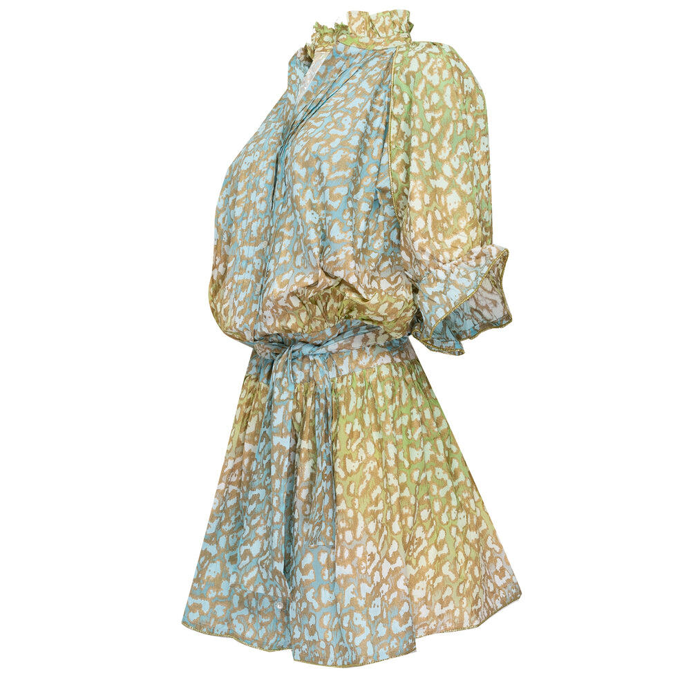 Tie Dye Blouson Dress With Snow Leopard Print Green Lime/Turq