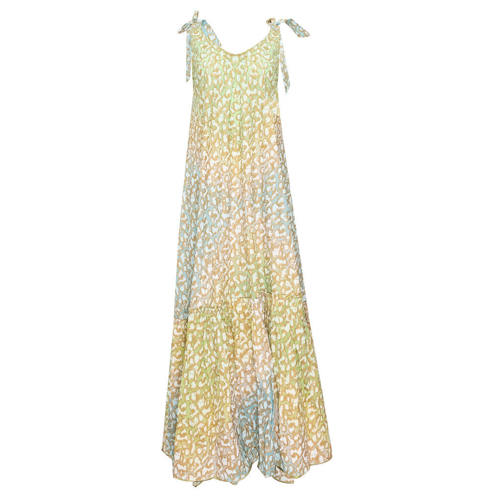 Tie Dye V-Neck Maxi Dress With Snow Leopard Print Green Lime/Turq