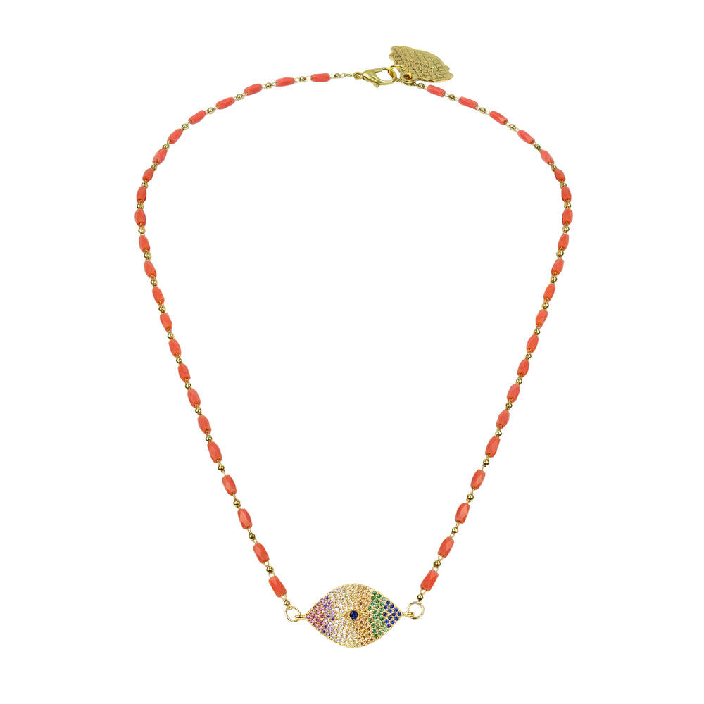 Coral Necklace With Multicoloured Evil Eye