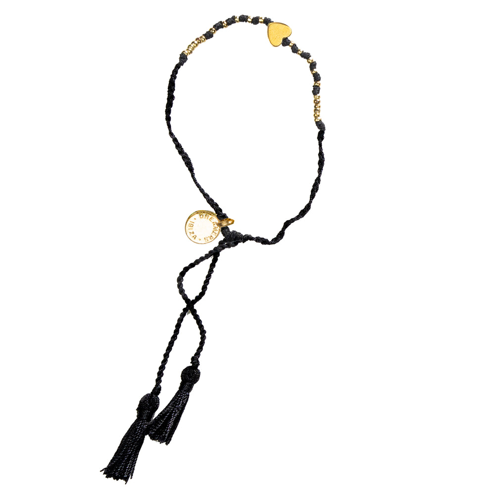 Single Gold Heart Bracelet With Black Tassel
