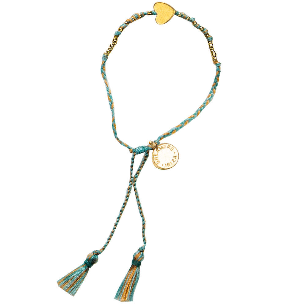 Single Gold Heart Bracelet With Khaki/Green Tassel