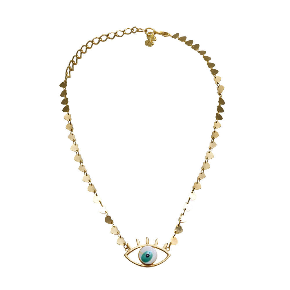 White Greek Eye Necklace With Heart Chain