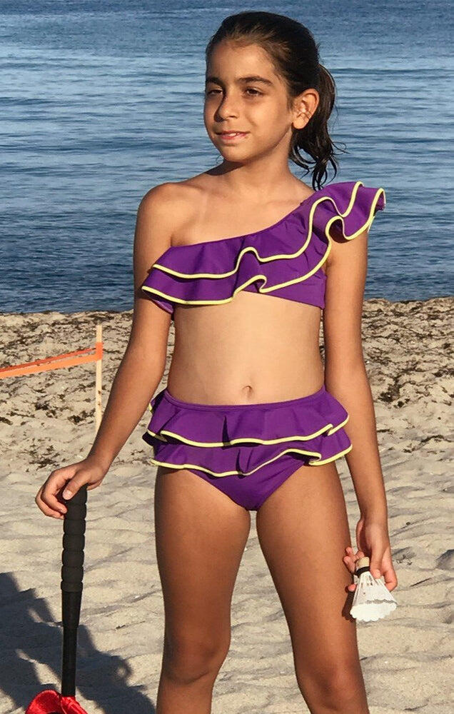 Nessi Byrd Flax One Shoulder Ruffle Bikini Purple
