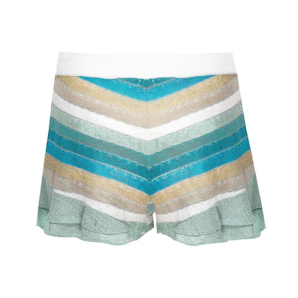 Striped Frill Shorts In Drop Stitch Knit With Front Ties White/Mint