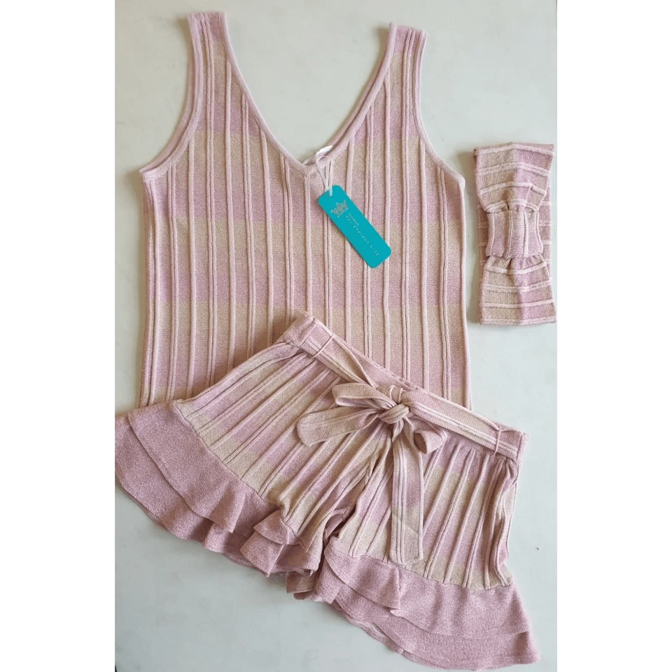 Striped Frill Shorts In Ribbed Knit With Tie Belt Pink