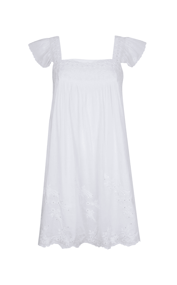 Acid Wash Baby Doll Dress With Tonal Lotus Embroidery White