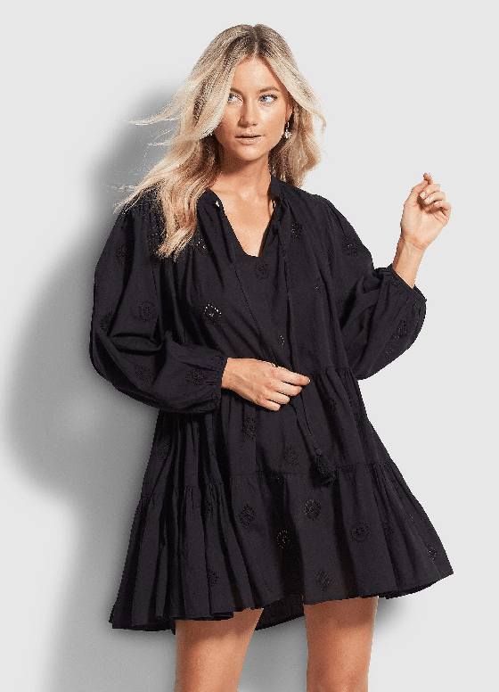 Embroidery Tiered Dress Black