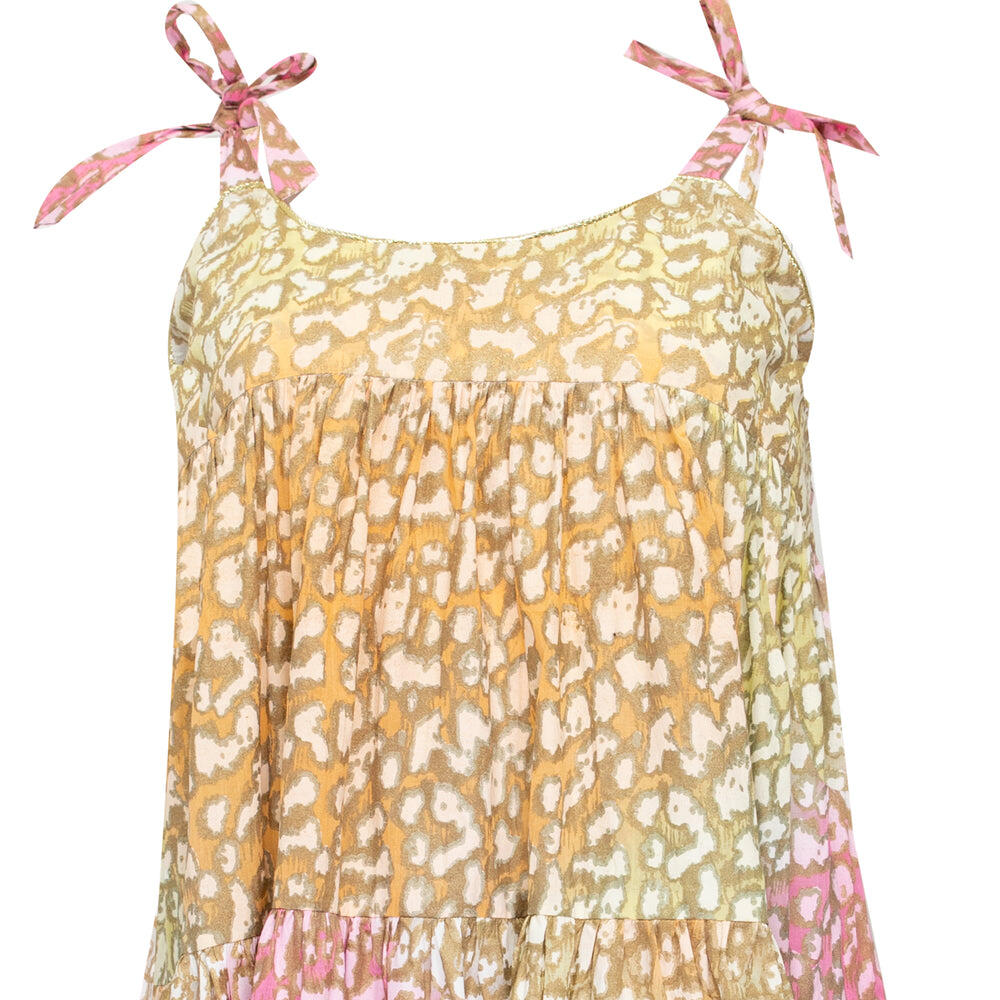 Tie Dye 70's Sun Dress With Snow Leopard Print Pink/Orange