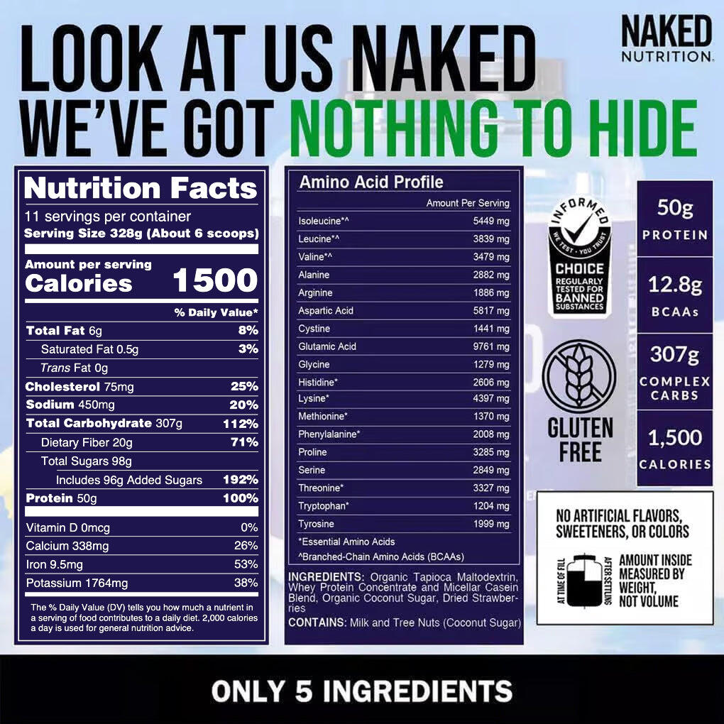 Strawberry Weight Gainer Protein Supplement | Naked Mass - 8LB