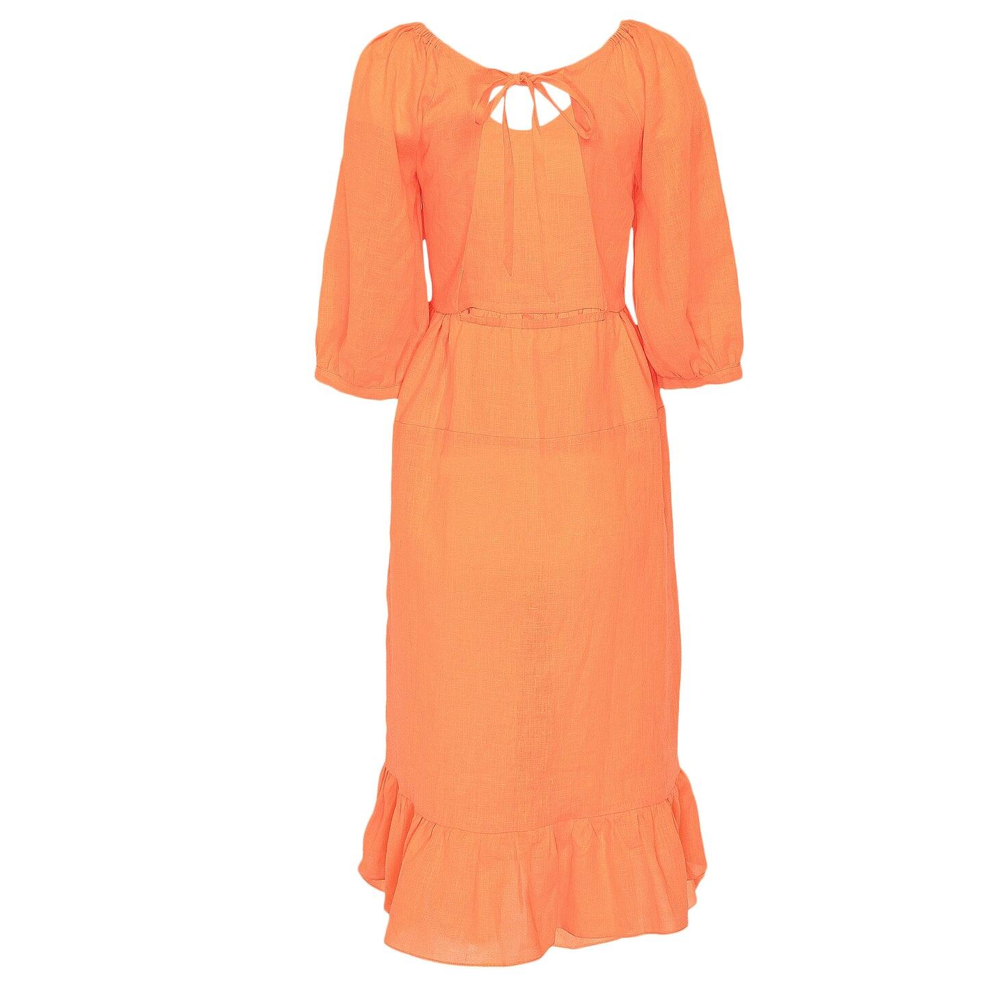 Neon Orange Linen Dress With Frill