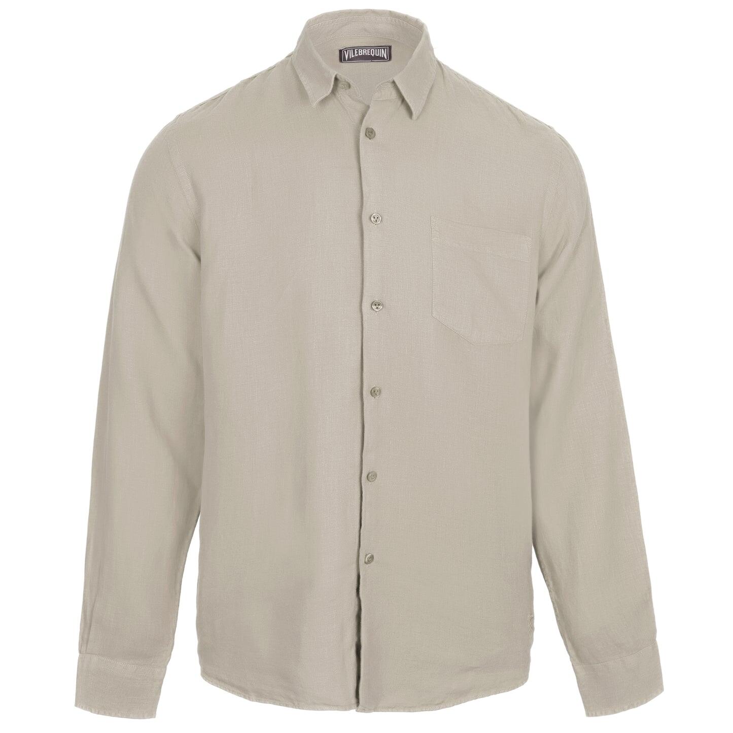 Men Linen Mineral Dye Shirt Solid Eucalyptus Green - Long Sleeve Shirt