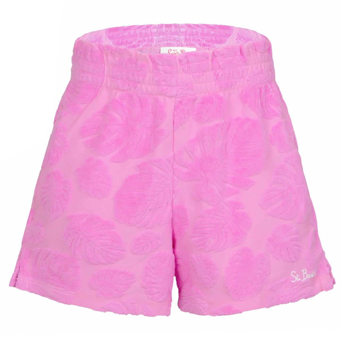 Meave Terry Embossed Leaf Pink Girls Shorts