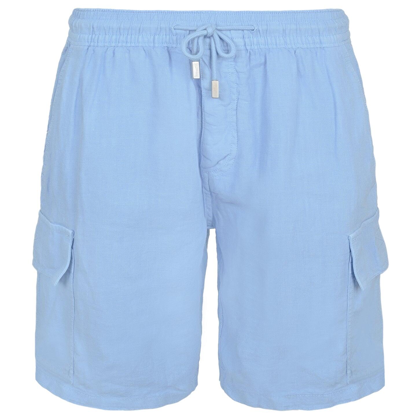 Men Linen Bermuda Shorts Cargo Pockets Divine Blue