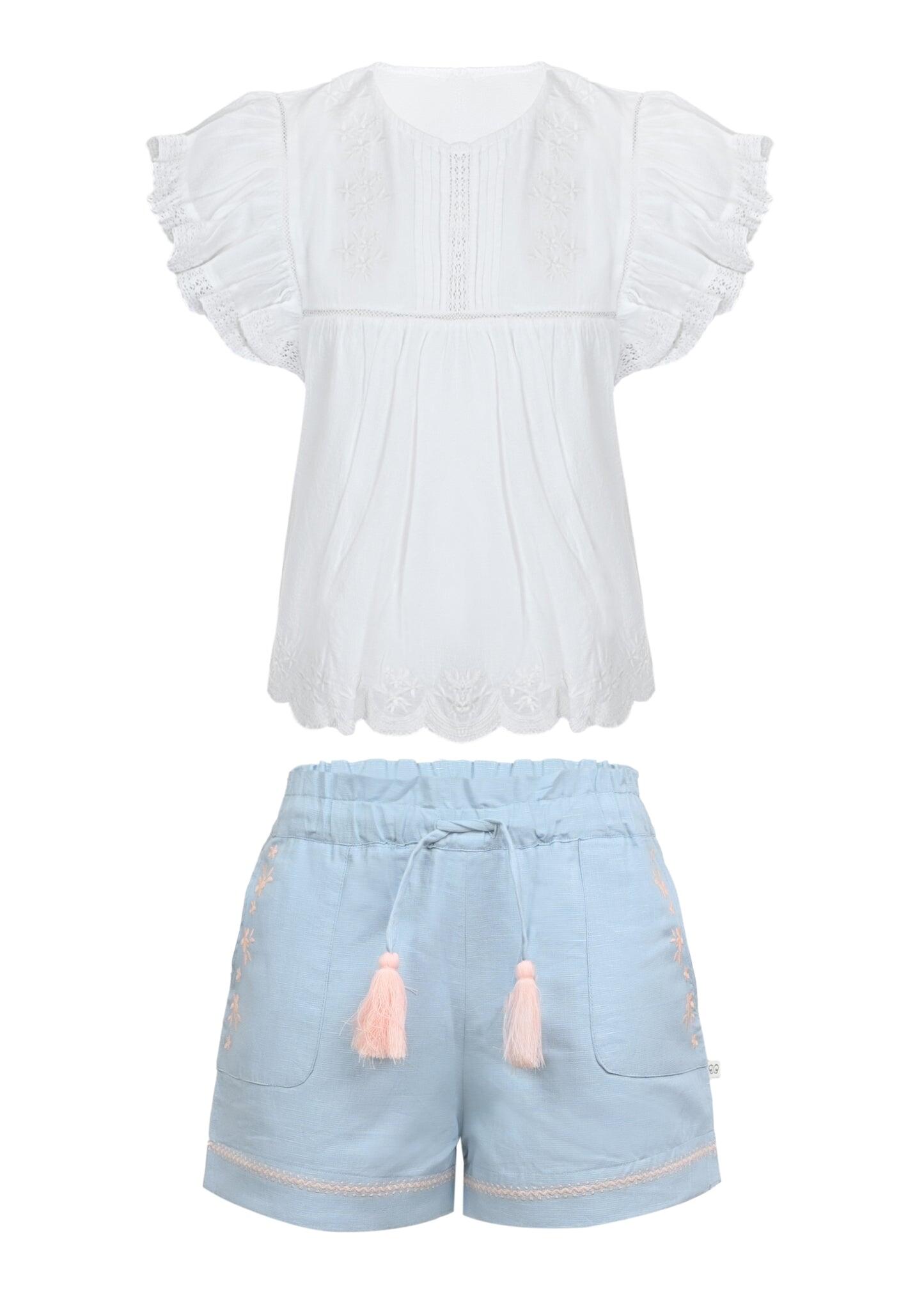 Charlie Blouse and Shorts Set Ivory Ocean Blue
