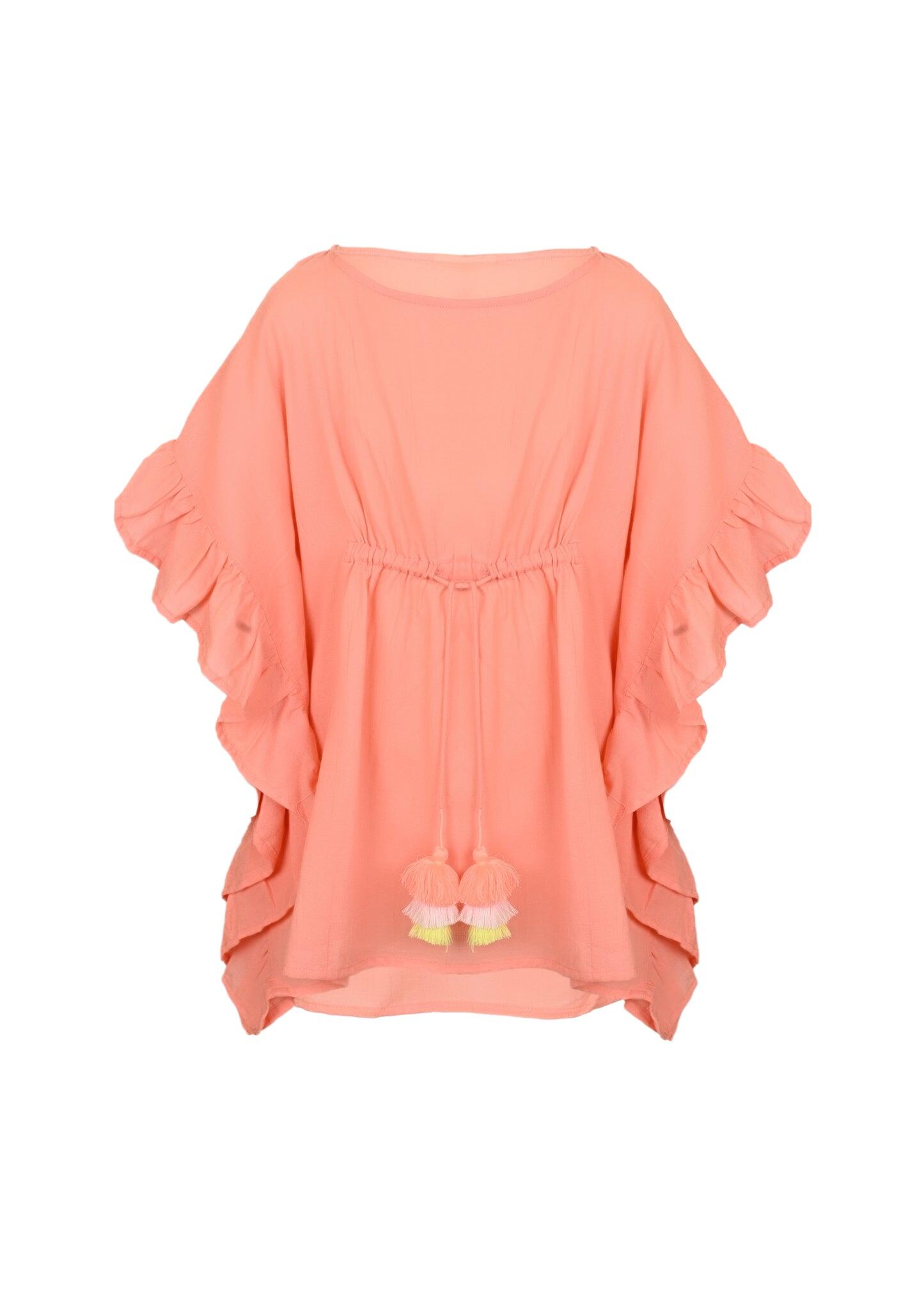 Caftan For Girls Cotton Gauze with Pompoms Neon Coral - Kaftan