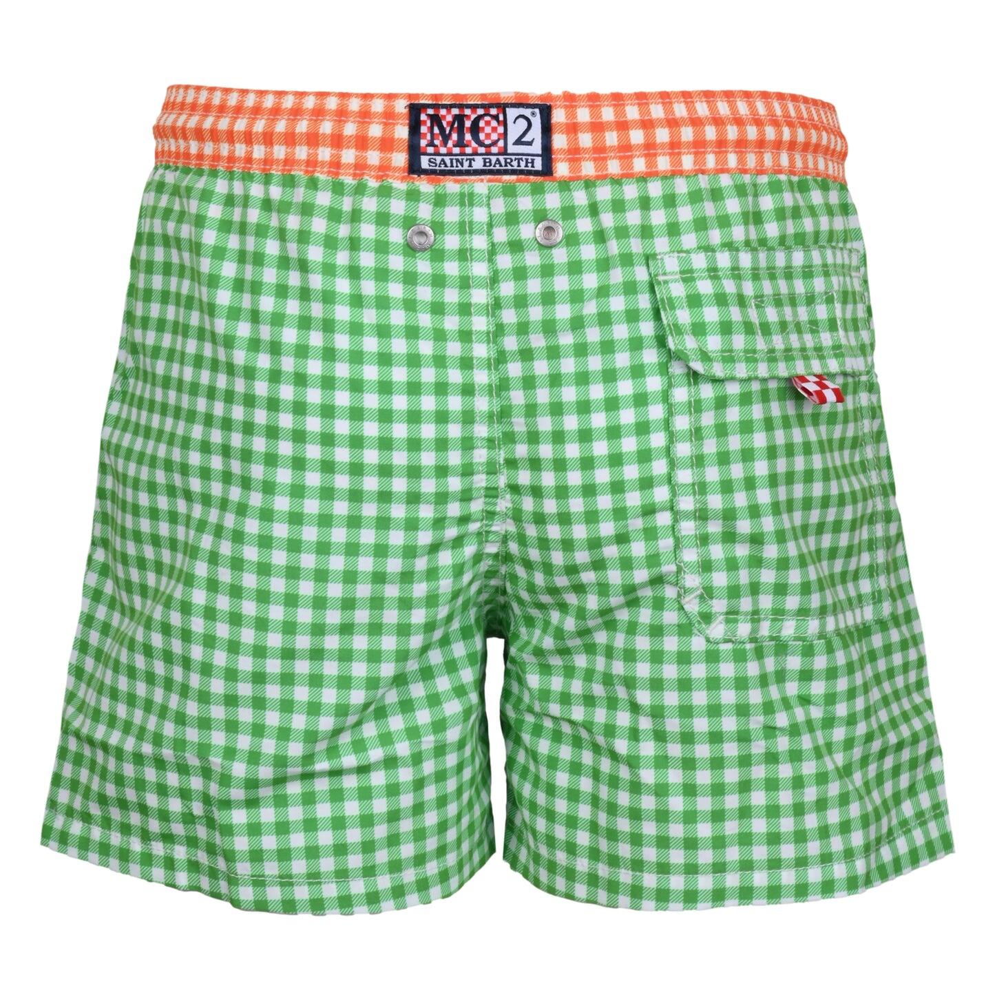 Jean Pocket Checkered Green/Orange Boys Swimshorts - Swim Shorts