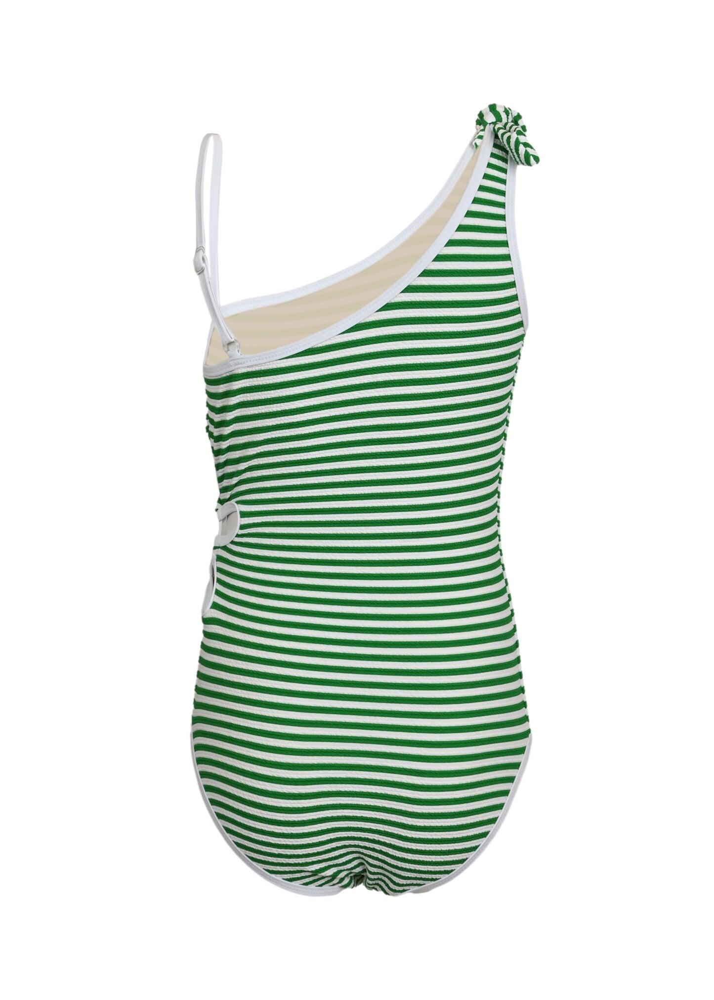 Green Stripe Girls Ribbed Daisy Cut Out One Piece Swimsuit