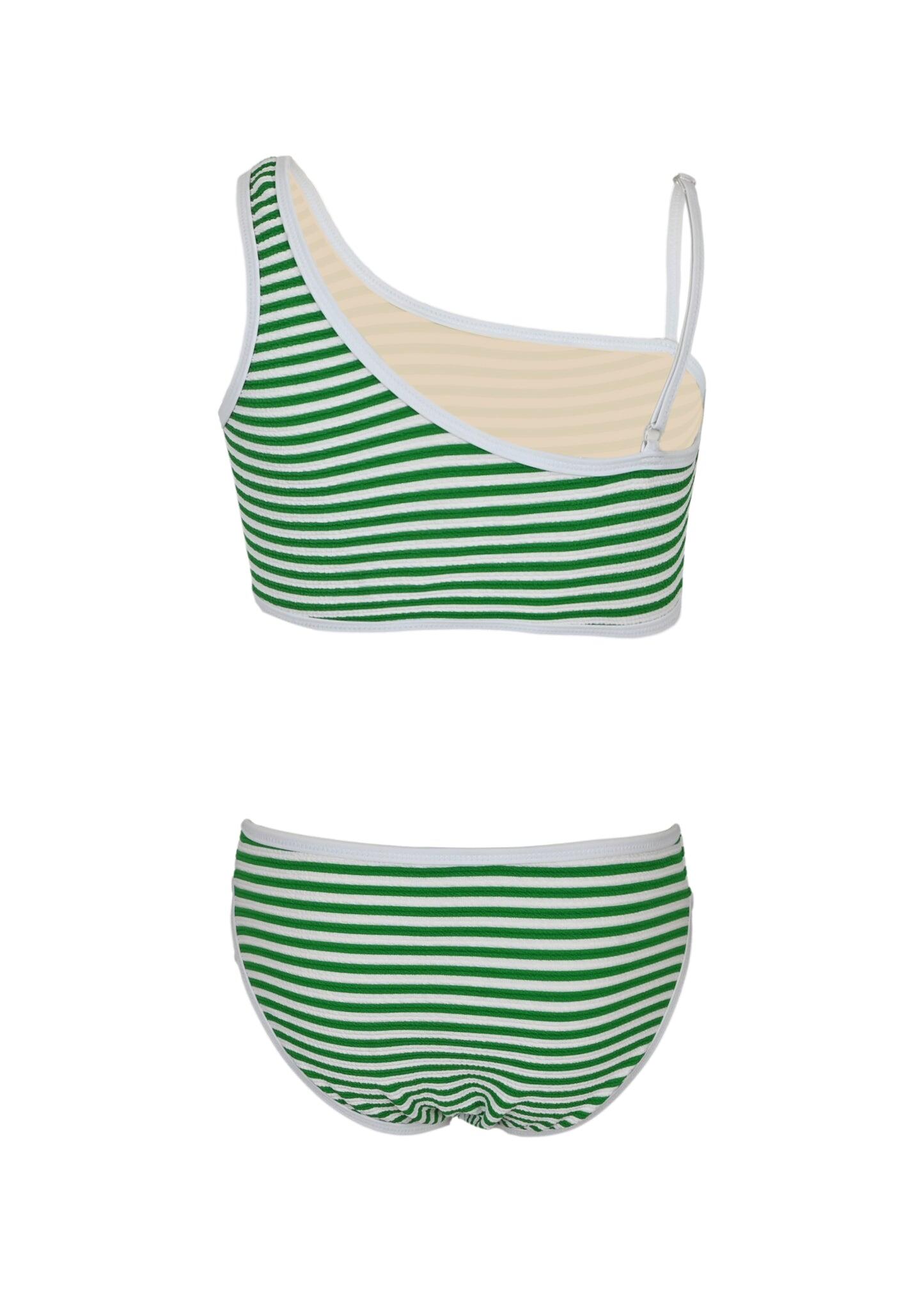 Green Stripe Girls Ribbed One Shoulder Two Piece Swimsuit