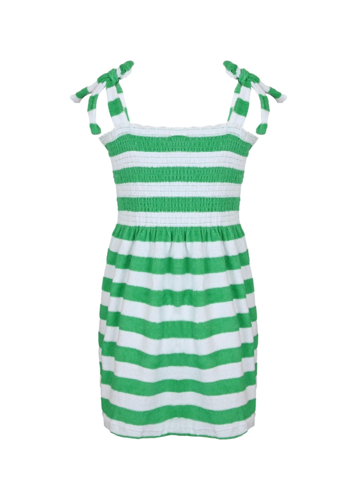 Green Stripe Girls Terry Smocked Tie Top Dress