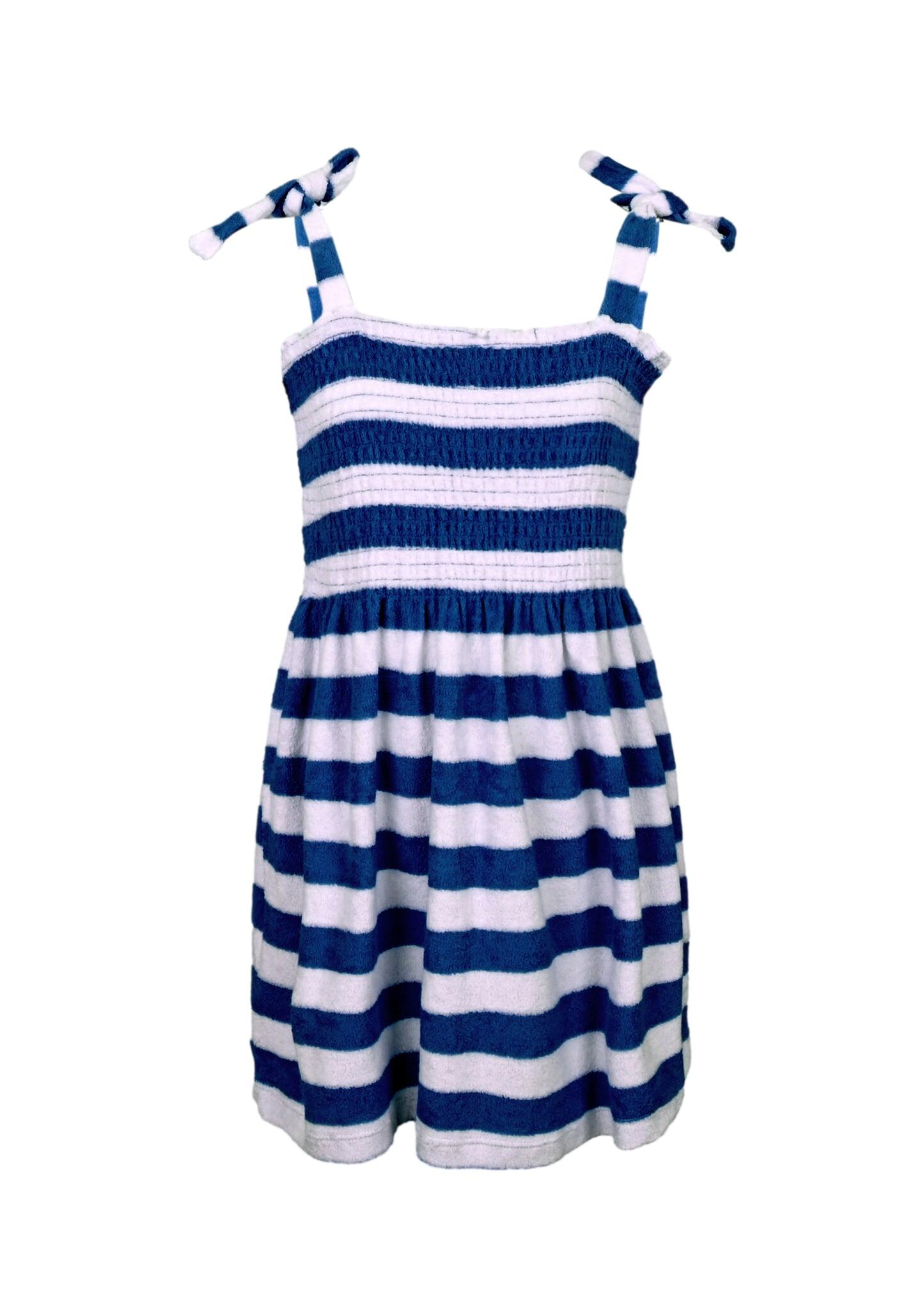 Navy Stripe Girls Terry Smocked Tie Top Dress
