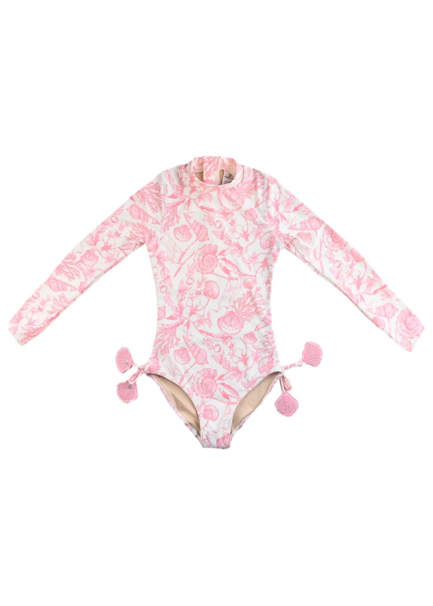Seaside Toile Girls Long Sleeve One Piece Swimsuit