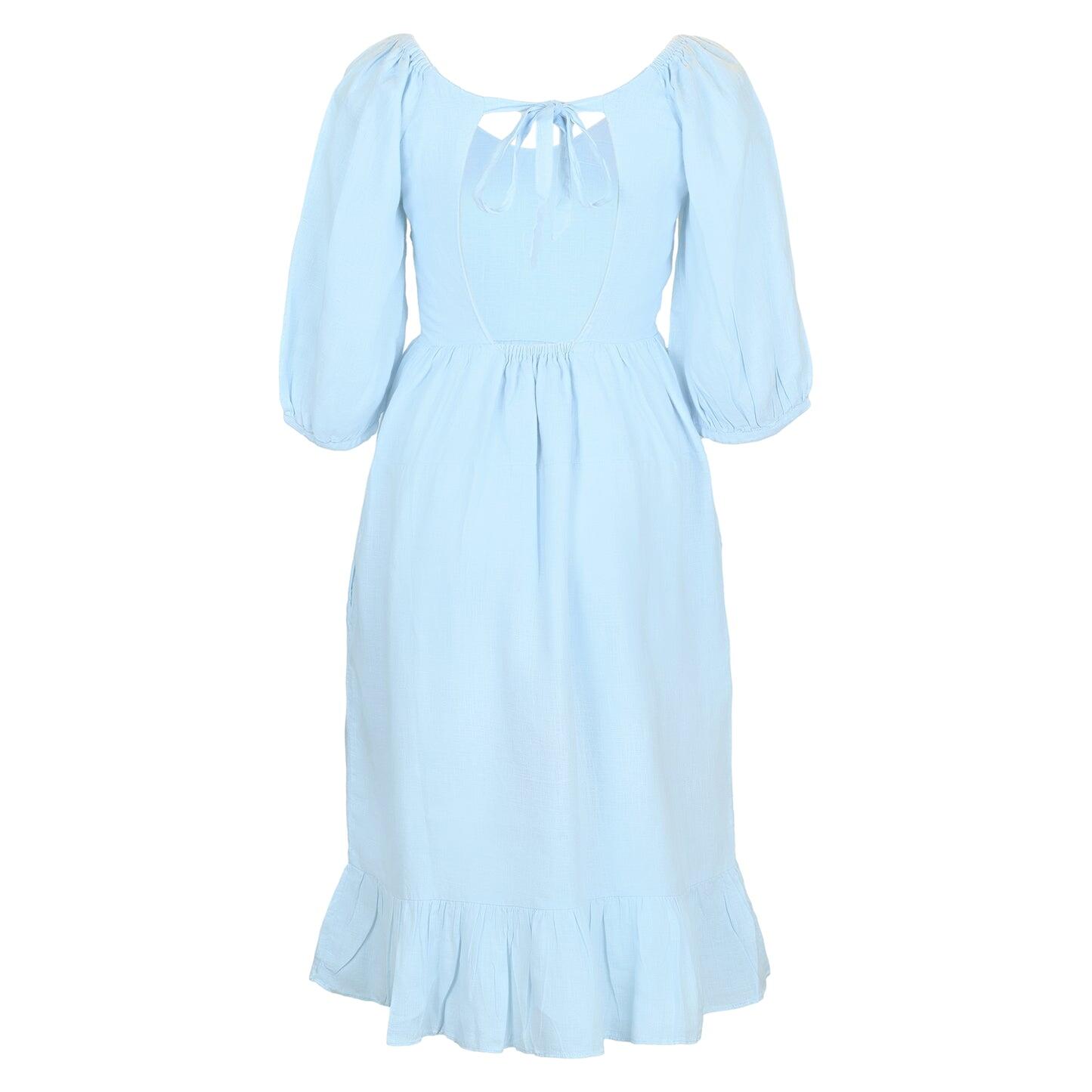 Baby Blue Linen Dress With Frill - Dress