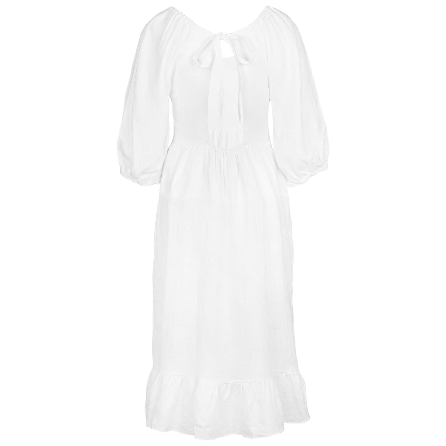 White Linen Dress With Frill - Dress