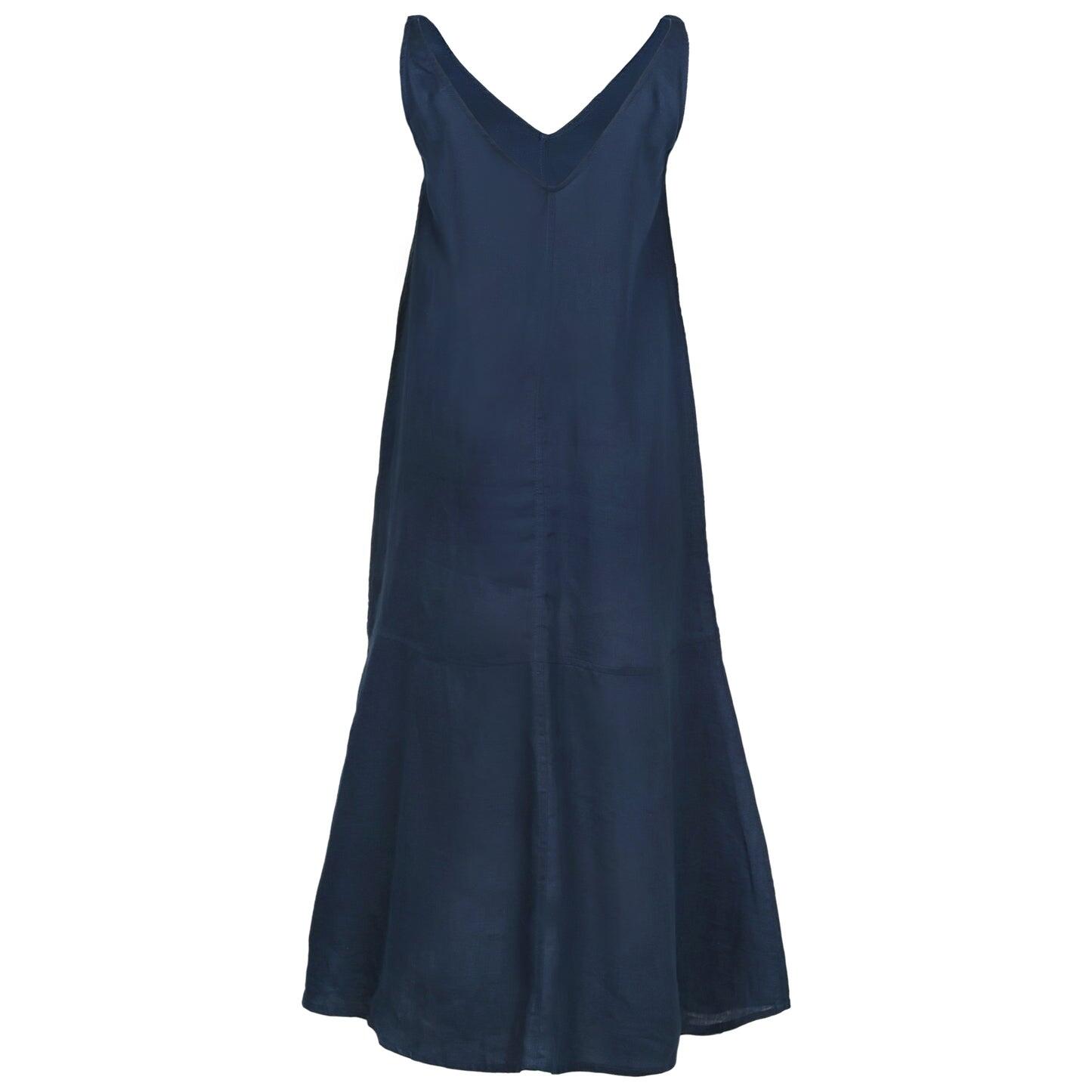 Navy Blue V-Collar Linen Dress - Dress