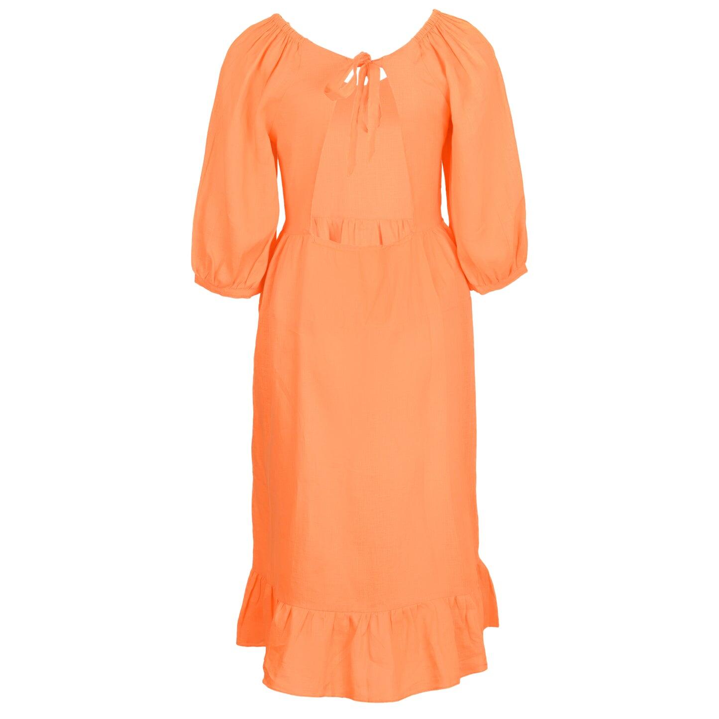 Neon Orange Linen Dress With Frill - Dress