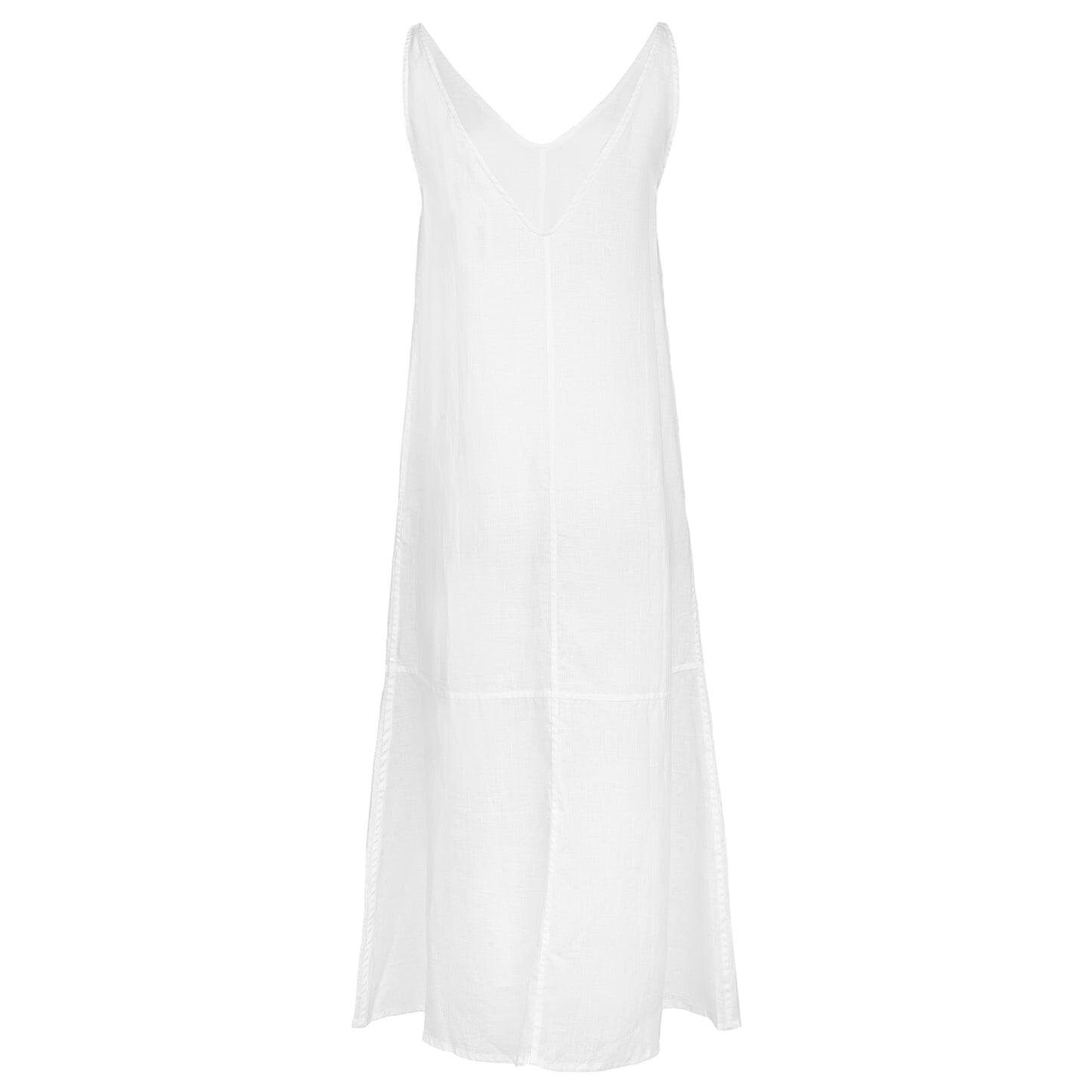 White V-Collar Linen Dress - Dress