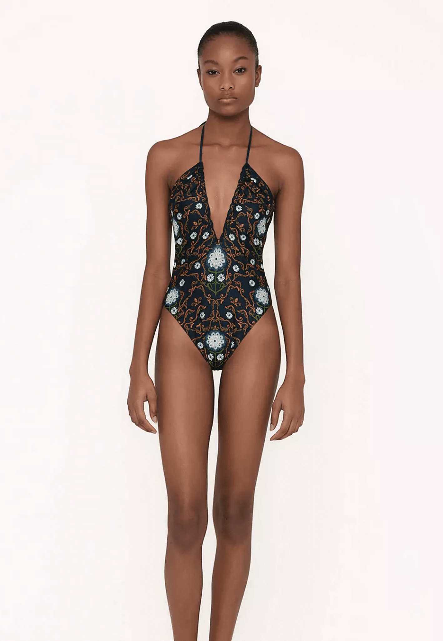 Plunge Swimsuit in Floral Print Halter Neck Bathing Suit in Blue